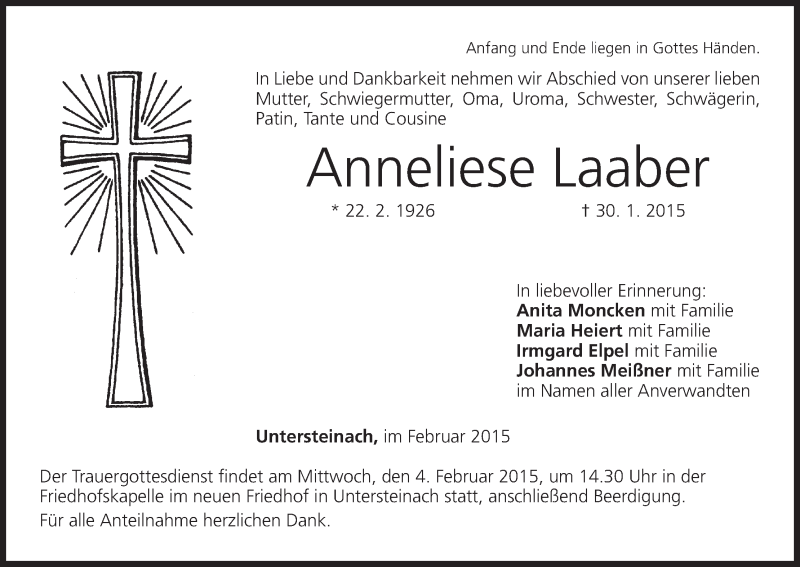  Traueranzeige für Anneliese Laaber vom 02.02.2015 aus MGO