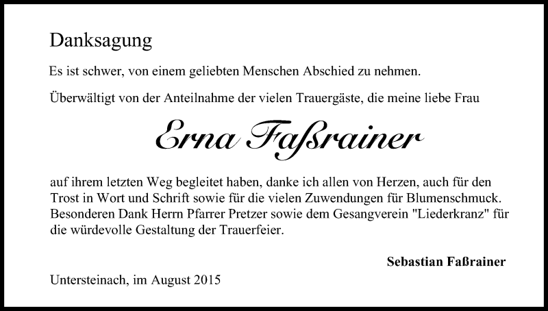  Traueranzeige für Erna Faßrainer vom 04.08.2015 aus MGO