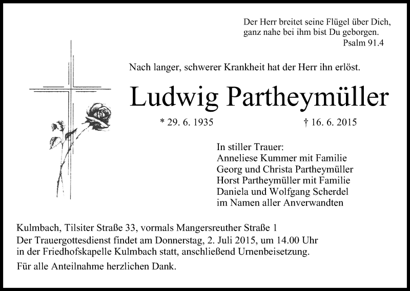  Traueranzeige für Ludwig Partheymüller vom 30.06.2015 aus MGO