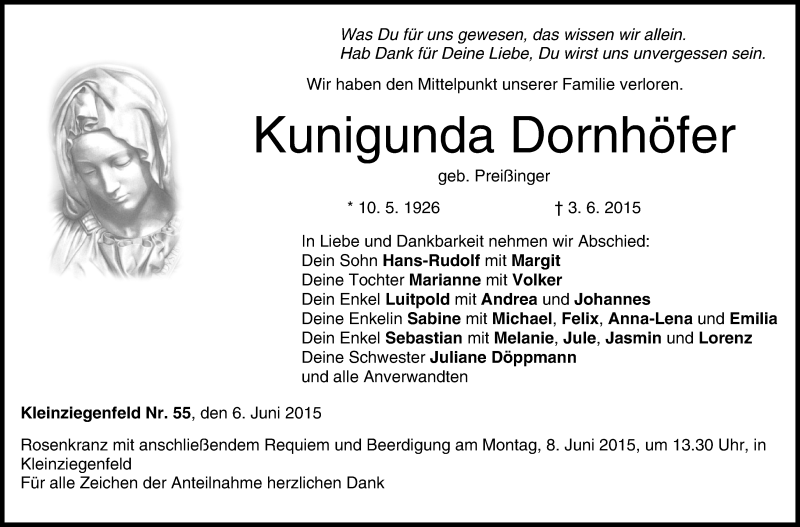  Traueranzeige für Kunigunda Dornhöfer vom 06.06.2015 aus MGO