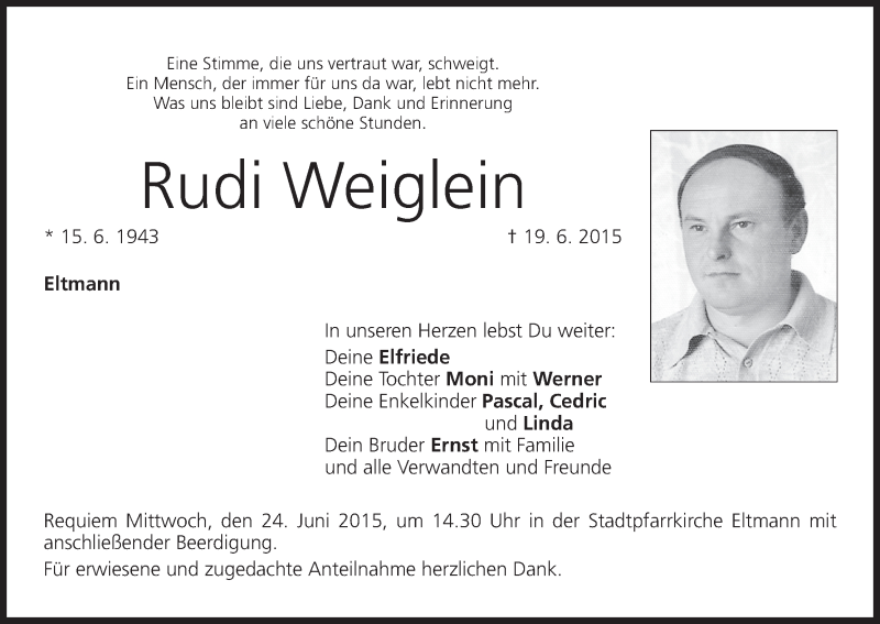  Traueranzeige für Rudi Weiglein vom 22.06.2015 aus MGO