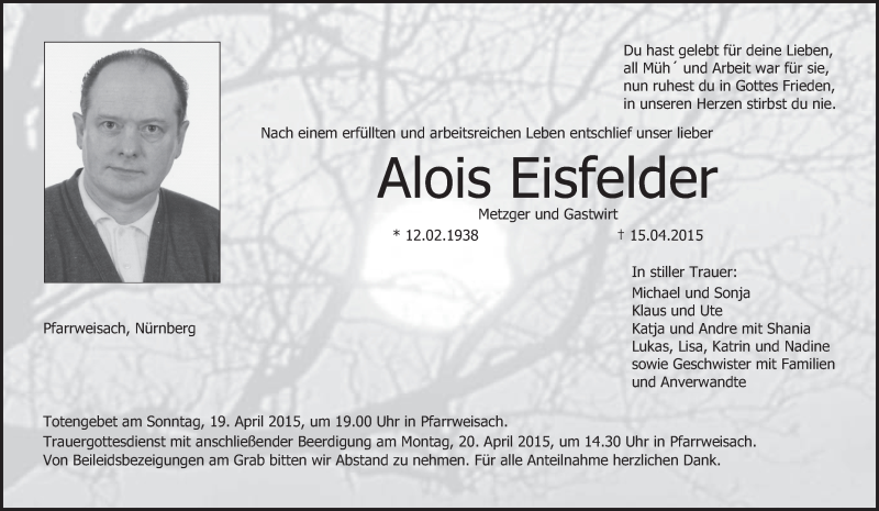  Traueranzeige für Alois Eisfelder vom 17.04.2015 aus MGO