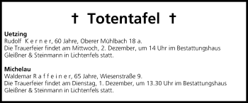 Anzeige von Totentafel vom 01.12.2015 von MGO