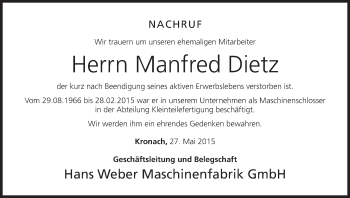 Anzeige von Manfred Dietz von MGO