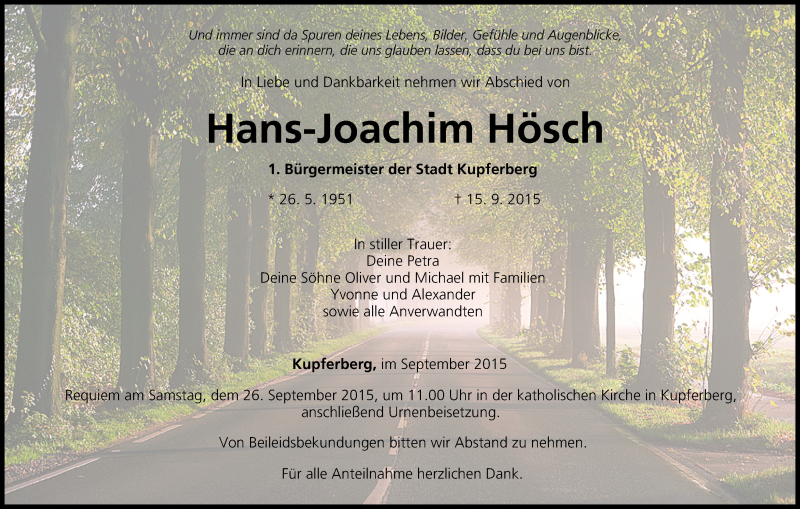  Traueranzeige für Hans-Joachim Hösch vom 19.09.2015 aus MGO