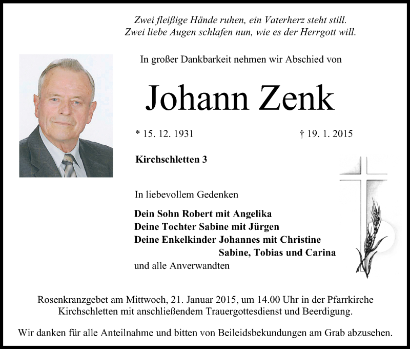  Traueranzeige für Johann Zenk vom 20.01.2015 aus MGO