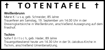 Anzeige von Totentafel vom 18.09.2015 von MGO