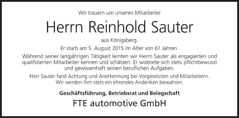  Traueranzeige für Reinhold Sauter vom 13.08.2015 aus MGO