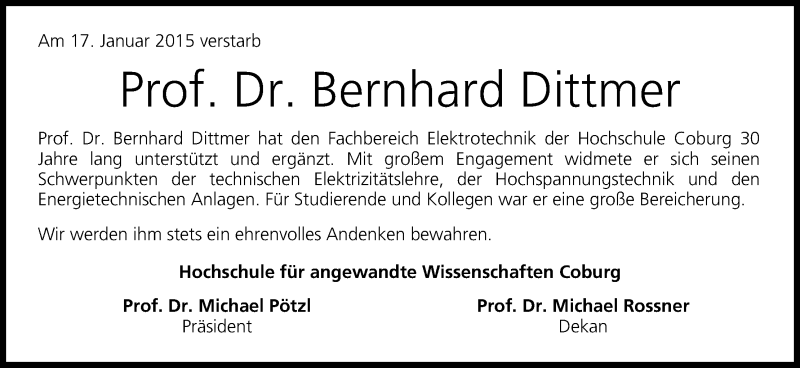  Traueranzeige für Bernhard Dittmer vom 22.01.2015 aus MGO