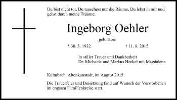 Anzeige von Ingeborg Oehler von MGO