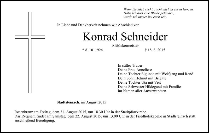  Traueranzeige für Konrad Schneider vom 20.08.2015 aus MGO