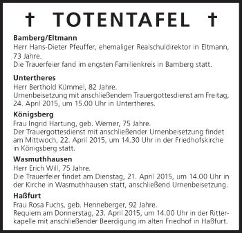 Anzeige von Totentafel vom 20.04.2015 von MGO