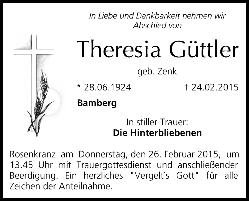  Traueranzeige für Theresia Güttler vom 25.02.2015 aus MGO