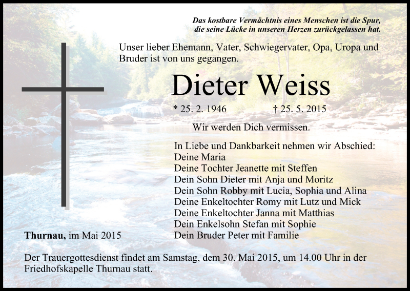  Traueranzeige für Dieter Weiss vom 28.05.2015 aus MGO