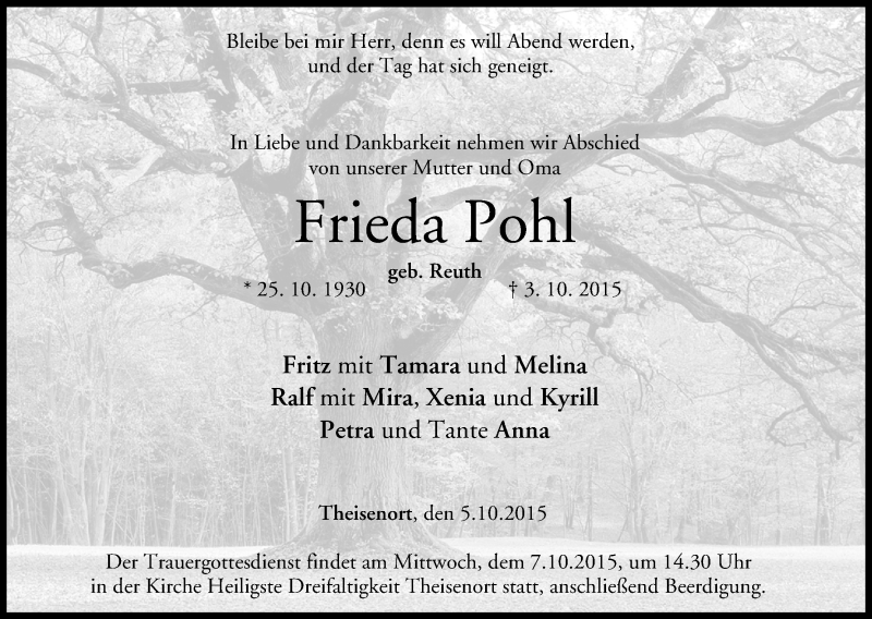  Traueranzeige für Frieda Pohl vom 05.10.2015 aus MGO