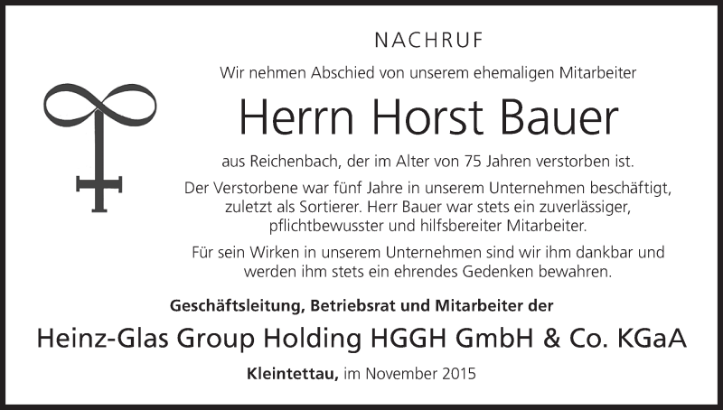  Traueranzeige für Horst Bauer vom 14.11.2015 aus MGO