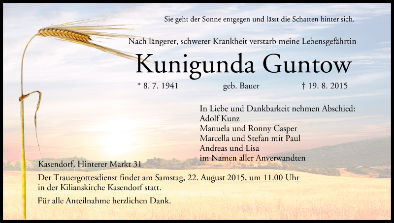  Traueranzeige für Kunigunda Guntow vom 22.08.2015 aus MGO