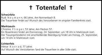 Anzeige von Totentafel vom 24.09.2015 von MGO