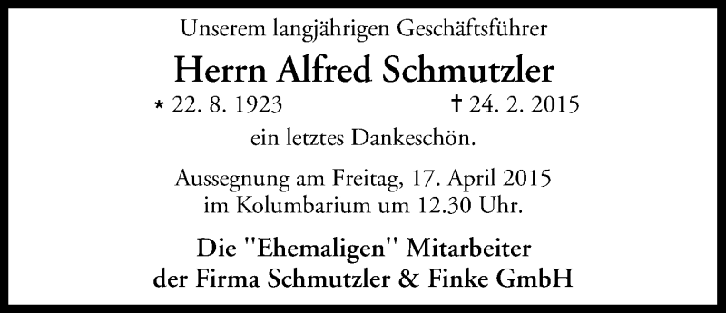  Traueranzeige für Alfred Schmutzler vom 16.04.2015 aus MGO