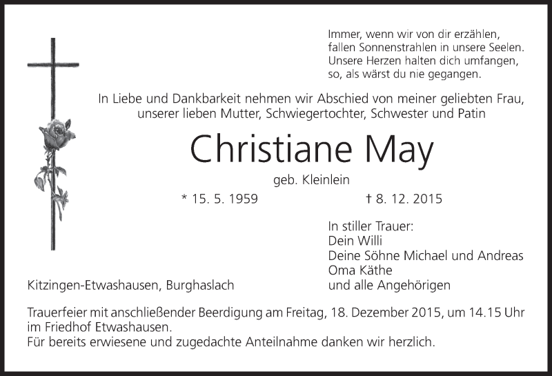  Traueranzeige für Christiane May vom 16.12.2015 aus MGO