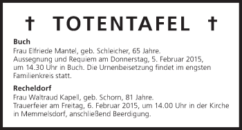 Anzeige von Totentafel vom 04.02.2015 von MGO