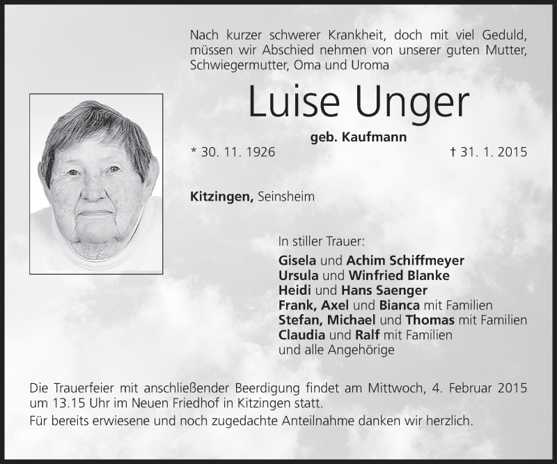  Traueranzeige für Luise Unger vom 03.02.2015 aus MGO