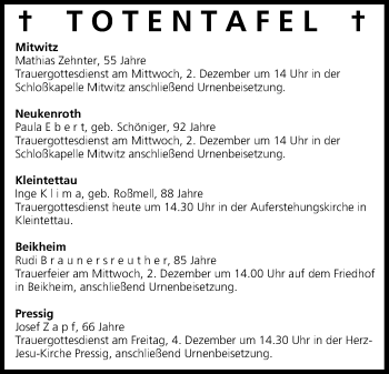 Anzeige von Totentafel vom 01.12.2015 von MGO