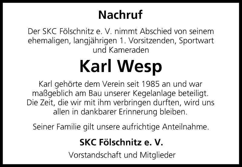  Traueranzeige für Karl Wesp vom 15.04.2015 aus MGO