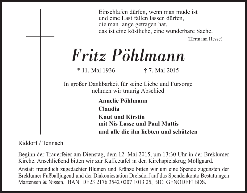  Traueranzeige für Fritz Pöhlmann vom 09.05.2015 aus MGO