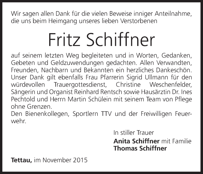  Traueranzeige für Fritz Schiffner vom 10.12.2015 aus MGO