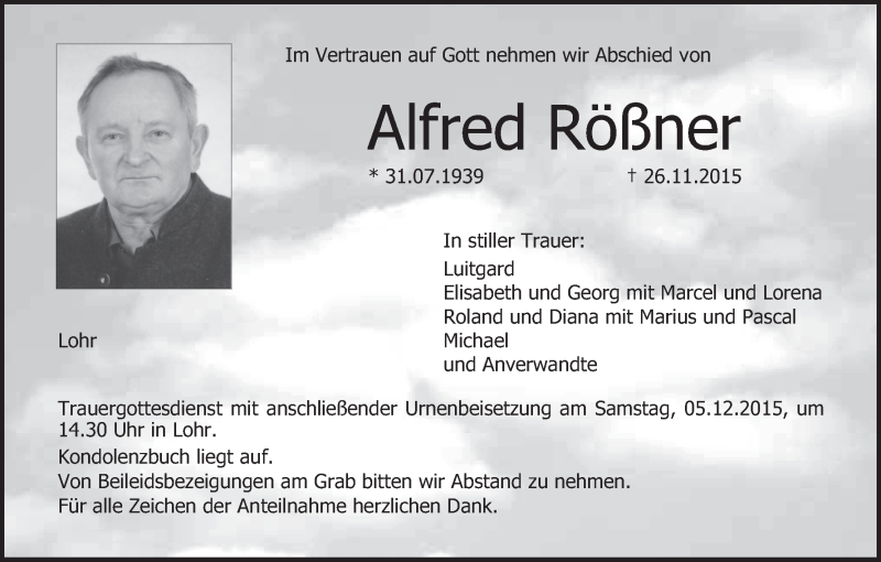  Traueranzeige für Alfred Rößner vom 02.12.2015 aus MGO