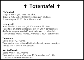 Anzeige von Totentafel vom 17.09.2015 von MGO