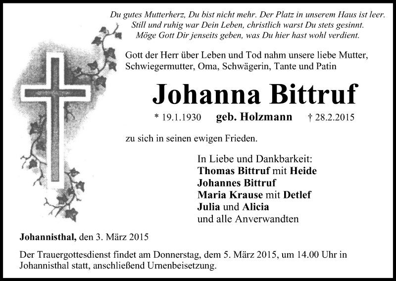  Traueranzeige für Johanna Bittruf vom 03.03.2015 aus MGO