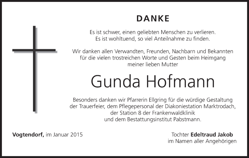  Traueranzeige für Gunda Hofmann vom 17.01.2015 aus MGO