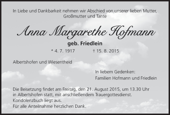 Anzeige von Anna Margarethe Hofmann von MGO
