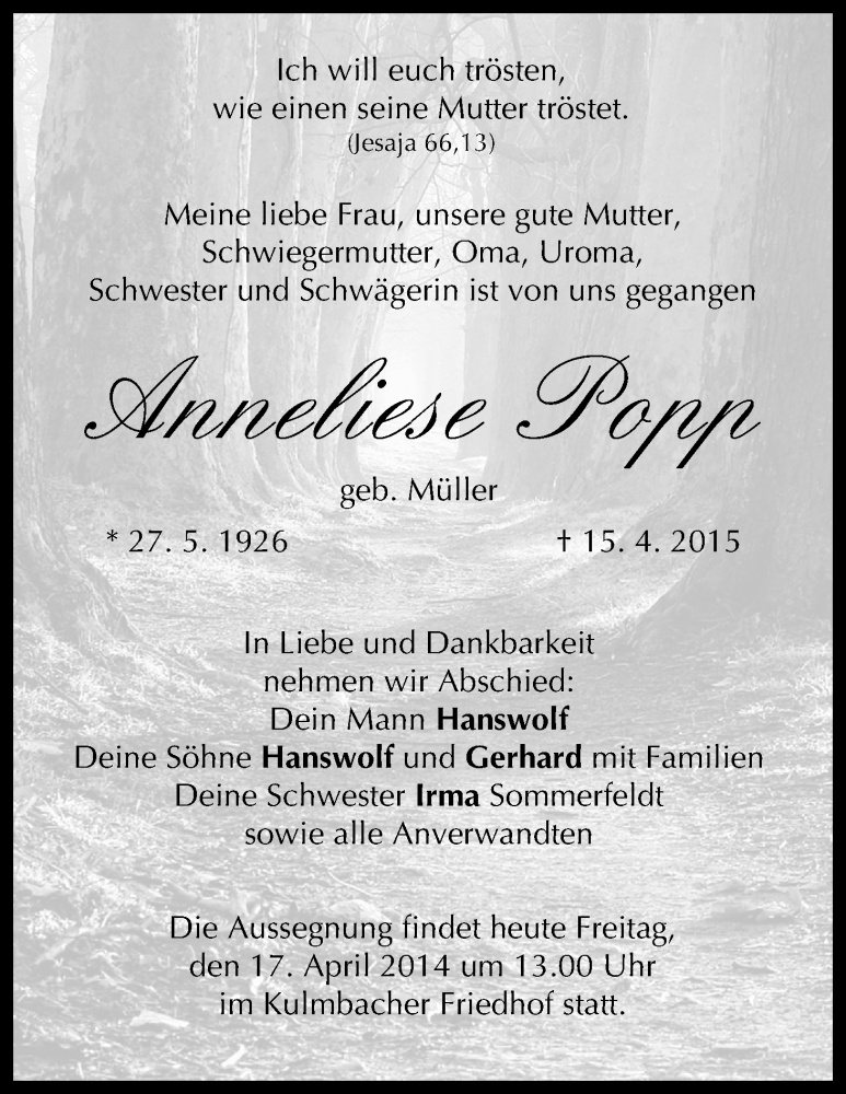  Traueranzeige für Anneliese Popp vom 17.04.2015 aus MGO
