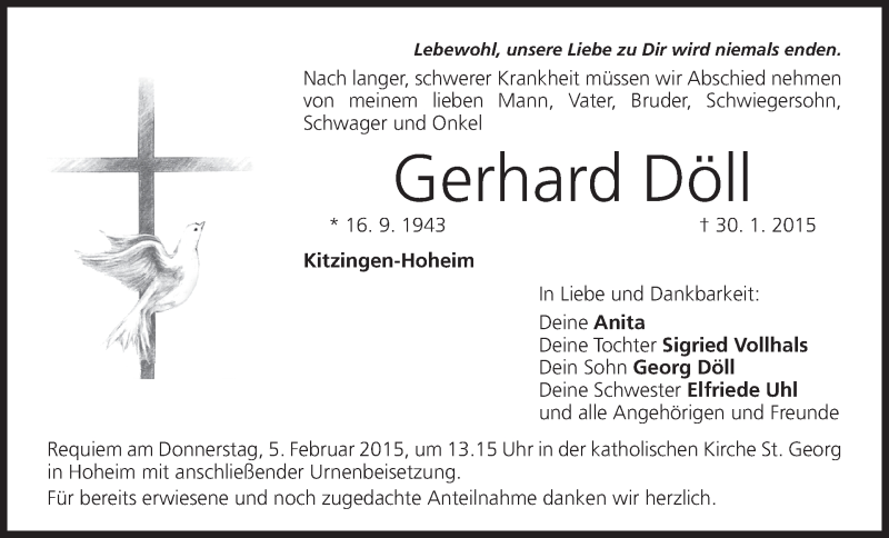  Traueranzeige für Gerhard Döll vom 02.02.2015 aus MGO