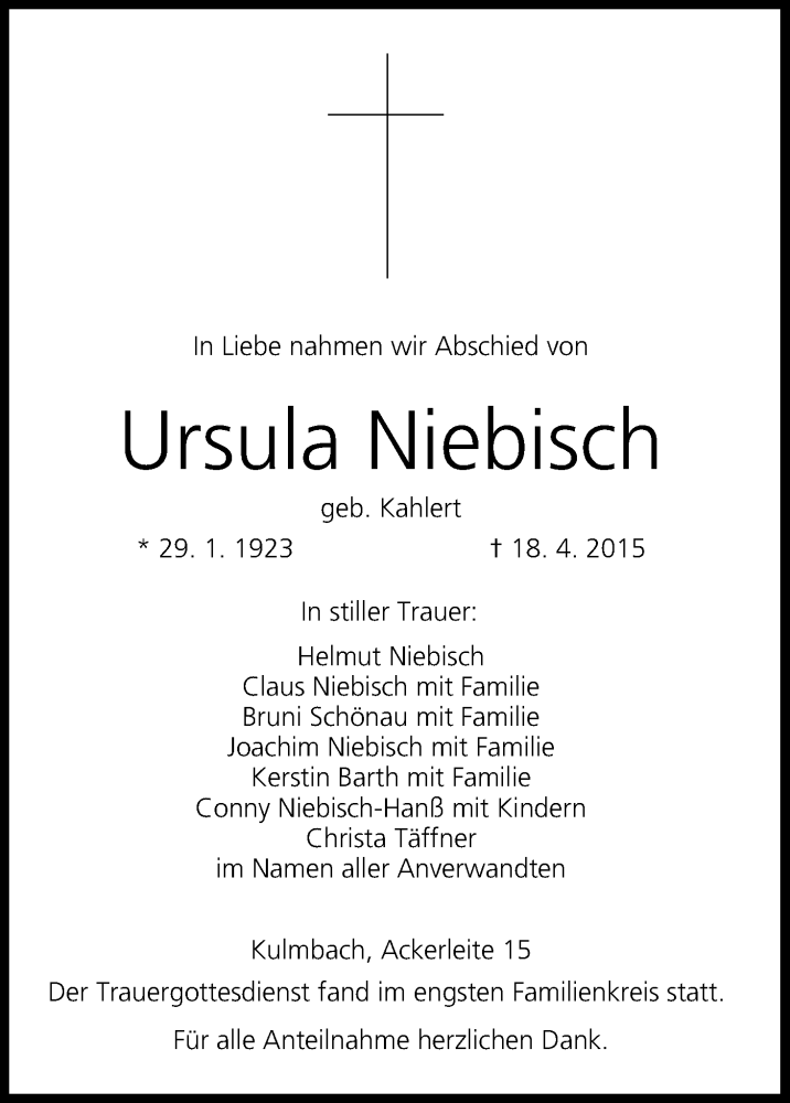  Traueranzeige für Ursula Niebisch vom 06.05.2015 aus MGO
