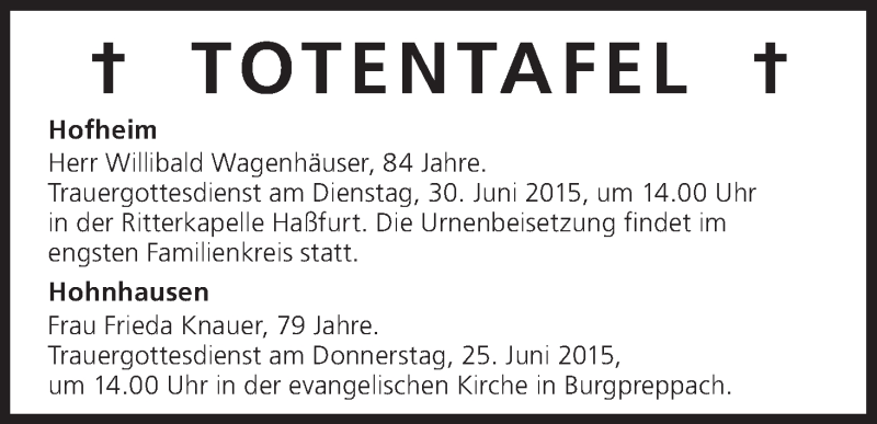  Traueranzeige für Frieda Knauer vom 25.06.2015 aus MGO