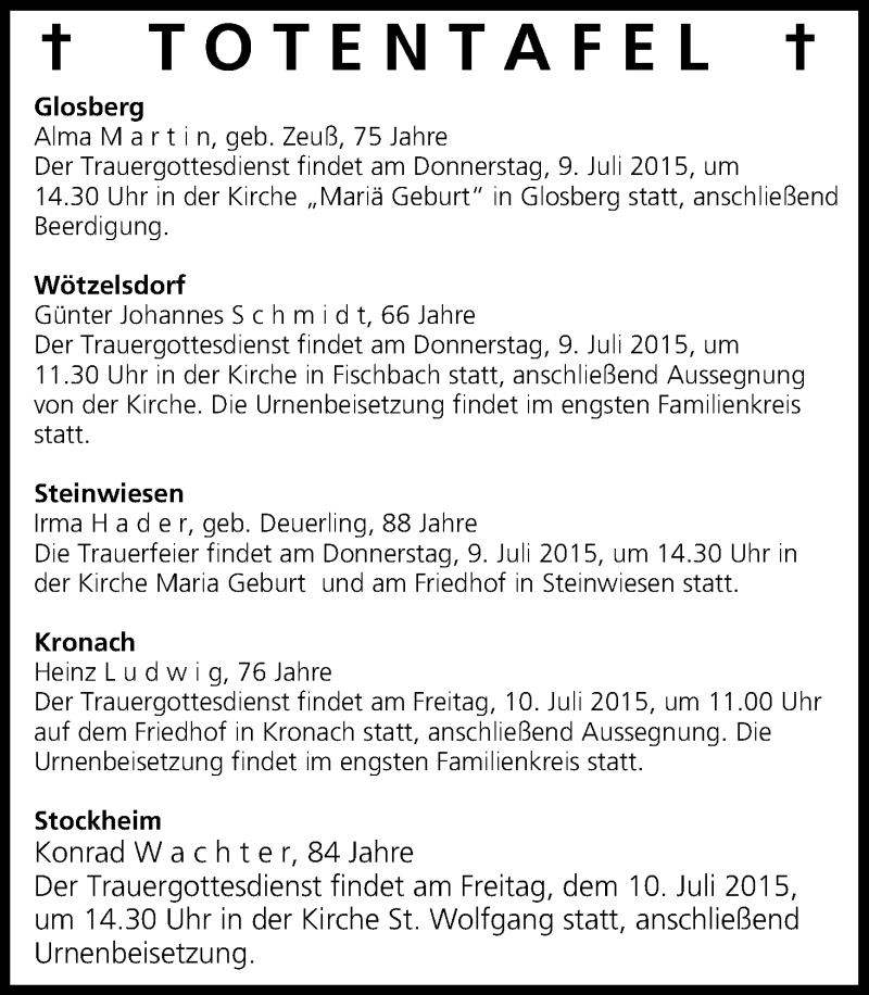  Traueranzeige für Irma Hader vom 09.07.2015 aus MGO