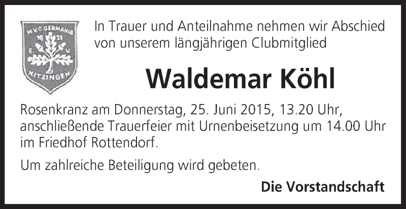  Traueranzeige für Waldemar Köhl vom 20.06.2015 aus MGO