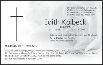 Anzeige von Edith Kolbeck von MGO