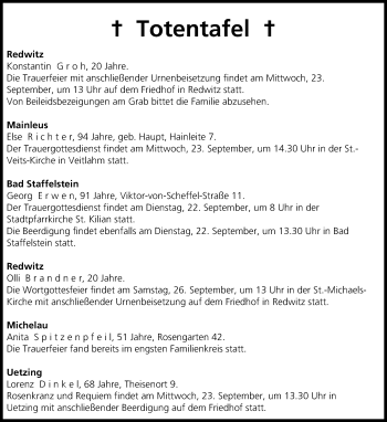 Anzeige von Totentafel vom 22.09.2015 von MGO
