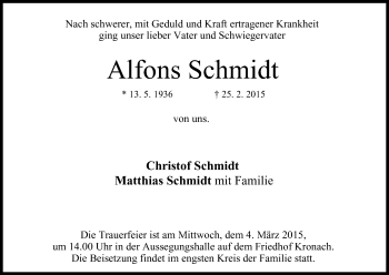 Anzeige von Alfons Schmidt von MGO