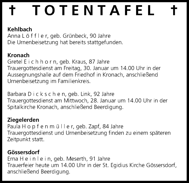  Traueranzeige für Totentafel vom 27.01.2015 vom 27.01.2015 aus MGO