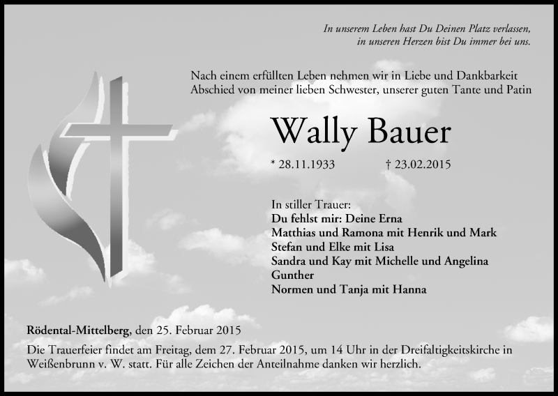  Traueranzeige für Wally Bauer vom 25.02.2015 aus MGO