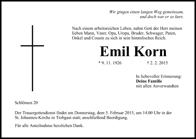  Traueranzeige für Emil Korn vom 04.02.2015 aus MGO
