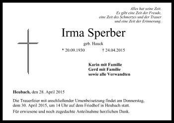 Anzeige von Irma Sperber von MGO