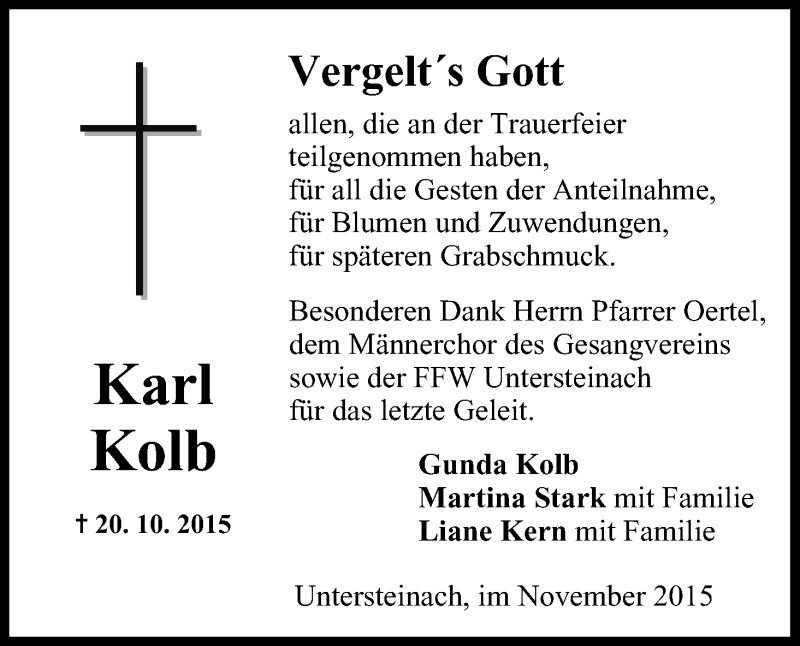  Traueranzeige für Karl Kolb vom 07.11.2015 aus MGO