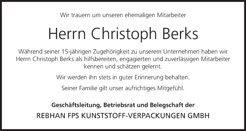  Traueranzeige für Christoph Berks vom 11.08.2015 aus MGO